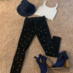 Black high waisted pearl studded jeans